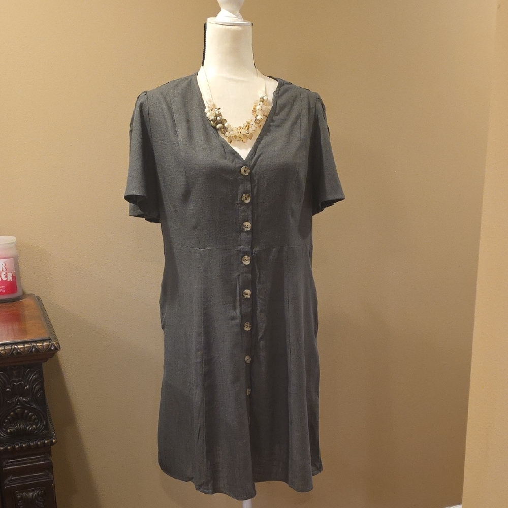 NWT Time And True Olive Green Button-Down Linen Dress With Butterfly Sleeves Med